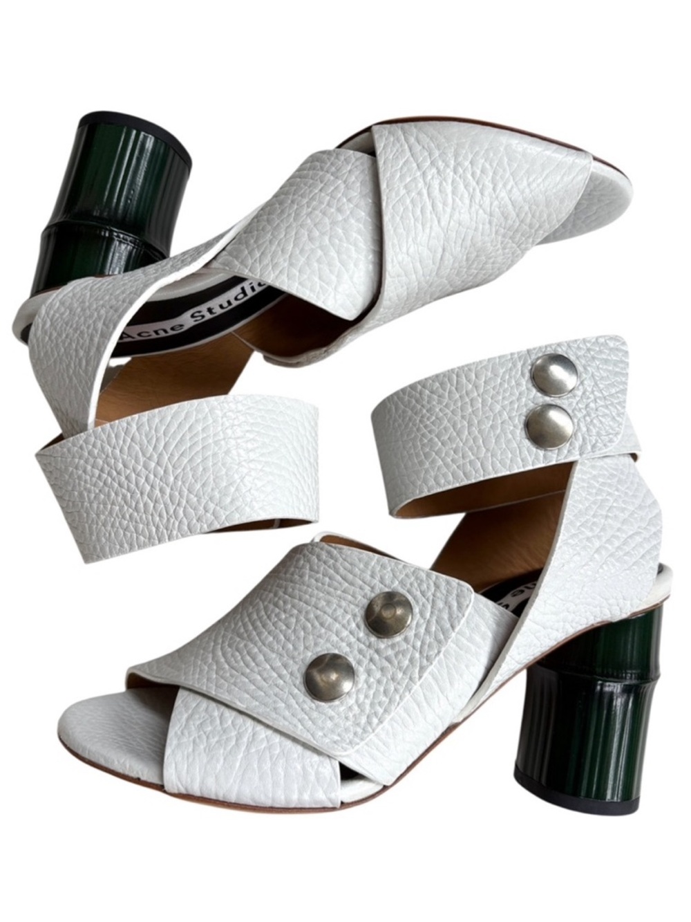 Like New Acne Studios Leather Pica Bamboo Heel Ankle Wrap Sandals White Size 5